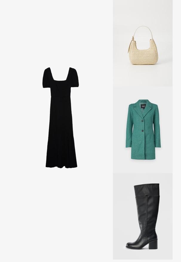 Sarkolsværd uld-blandingsfrakke i teal med klapkrave, to knapper og lange ærmer. Har en skræddersyet pasform og en subtil tekstureret mønster.; Sort maxikjole med firkantet halsudskæring, korte puffærmer og et blødt, flydende stof. Har et sideslids for bedre bevægelsesfrihed.; Knæhøje sorte læderstøvler med blokhæle, glat tekstur og syninger langs siderne. Enkel og moderne design.; Vævet stråhåndtaske i beige med en buet form, en kort håndtag og en sidelomme med lynlås. Har tekstureret overflade og minimalistisk design.