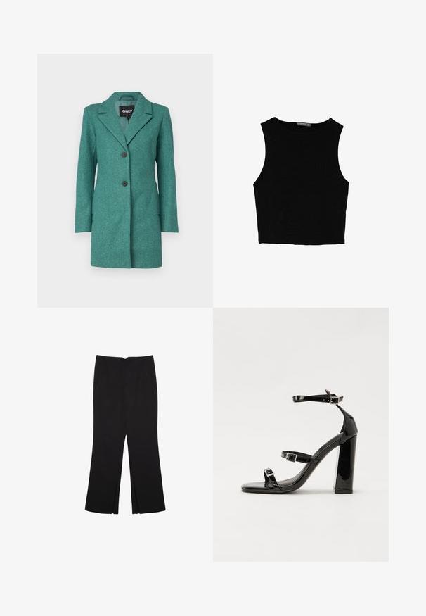 Teal plašč iz mešanice volne z zarezanim ovratnikom, dvema gumboma in dolgimi rokavi. Ima pristen kroj in rahlo teksturirano vzorčasto tkanino.; Črn brez rokavov crop top, izdelan iz gladkega materiala, z okroglim izrezom in čistim, preprostim dizajnom brez vzorcev ali dodatkov.; Črne hlače ravnega kroja z naglavnimi žepi in stranskimi razporki na robu. Narejene iz mehke, gladke tkanine. Primerne za različne priložnosti.; Črne lakirane sandale s peto, kvadratnim prstom, trakovi okrog gležnja in srebrnimi zaponkami. Opremljene so s stabilno Debelo peto.