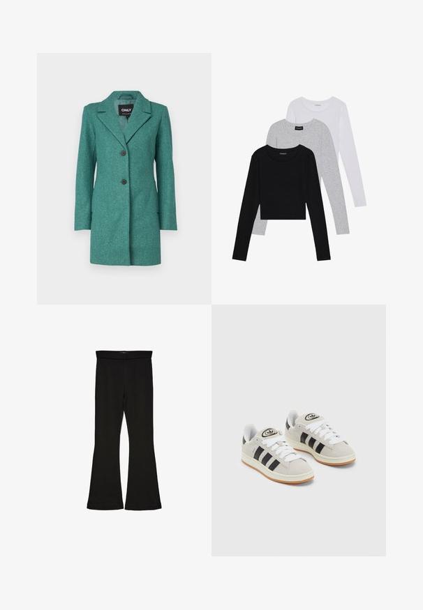 Tamsiai žalias vilnos mišinys paltas su išpjautu apykakle, dviem mygtukais ir ilgomis rankovėmis. Pasižymi pritaikytu siluetu ir subtiliu tekstūriniu raštu.; Trijų ilgomis rankovėmis marškinėlių krūva: juodas, pilkas ir baltas. Kiekvienas turi apvalų iškirpimą ir trumpą dizainą, pagamintas iš lygaus, lengvo audinio.; Juodos flared tipo legginsai, pagaminti iš tamprios medžiagos. Yra platus juosmuo ir lygus paviršius, su prie kūno priglundančiu siluetu, kuris pločiasi ties apatine dalimi.; Grynos zomšos sneakeriai su baltais raišteliais, juodomis juostelėmis ir balta gumine sole. Turintys apskritą logotipą ant liežuvėlio ir guminę sole.