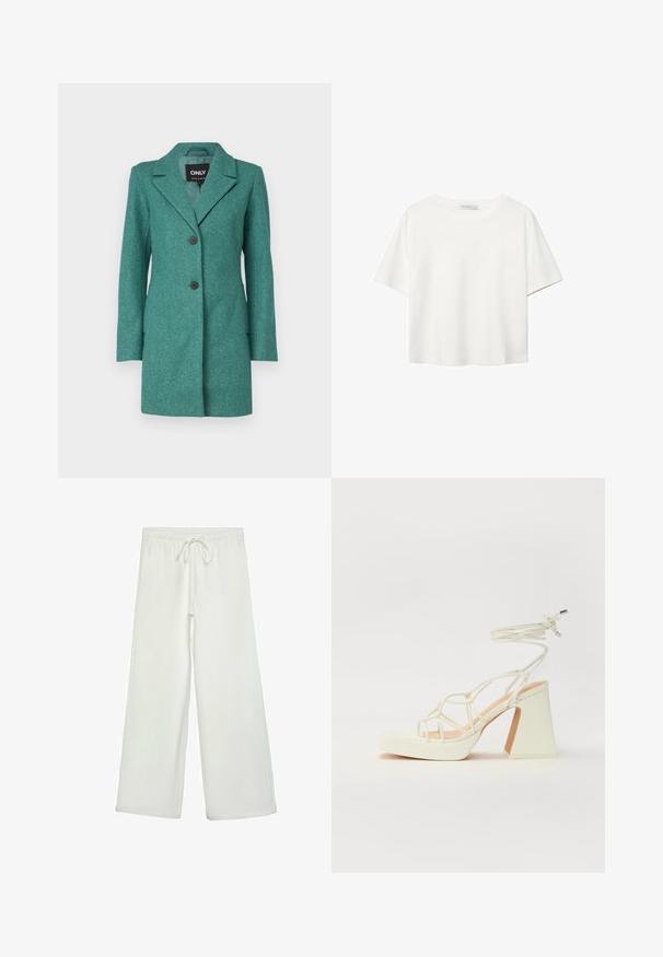 Tealový kabát z vlněné směsi s klopovým límcem, dvěma knoflíky a dlouhými rukávy. Má přiléhavý střih a jemnou texturovanou strukturu.; Bílý krátký rukáv tričko vyrobené z bavlny. Má kulatý výstřih a volný střih. Hladký materiál bez viditelných vzorů nebo akcentů.; Bílé kalhoty s širokými nohavicemi vyrobené z měkké tkaniny. Mají elastický pas se stahovací šňůrkou a hladkou strukturu. Žádné viditelné vzory ani kovové prvky.; Bílé sandály na vysokém podpatku s robustním podpatkem, s designem s pásky a zavazováním kolem kotníku. Hladký povrch s platformou vpředu pro zvýšení výšky.