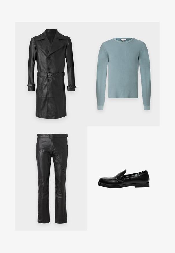 Černý kožený trenčkot s dvouřadým zapínáním, velkým límcem, páskem v pase a s popruhy na manžetách. Hladká textura, délka po kolena.; Světle modrá košile s dlouhým rukávem, ribbenou texturou a kulatým výstřihem. Má přiléhavé manžety a jednoduchou značkovou etiketu na límci.; Černé kožené kalhoty se střihem rovného nohavice, vybavené kapsami na zip, kolenními záplatami a nastavitelnými detaily v pase. Hladká textura.; Černé kožené mokasíny s hladkým povrchem, které mají prošívání na nártu a nízkou, jednolitou černou gumovou podrážku.