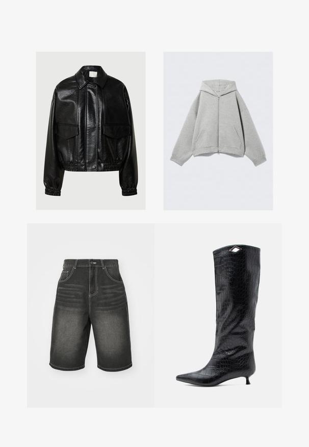 Veste en simili cuir noir avec col pointu, poches à rabat à l'avant, poignets élastiques et ourlet élastiqué sur un fond gris.; Haut à capuche gris zippé en mélange de coton doux, avec une capuche, des poches kangourou et des poignets côtelés. Coupe décontractée ample.; T-shirt en coton blanc à manches courtes et encolure ronde. Présente une étiquette rose sur le col intérieur. Texture lisse.; Shorts en denim noir avec des coutures blanches, dotés de poches avant et d'une coupe décontractée, conçus avec un léger délavage près de la taille.; Botte noire à hauteur de genou en cuir verni embossé crocodile, avec un bout pointu et un petit talon kitten, agrémentée d'un accent angulaire en argent sur le dessus.
