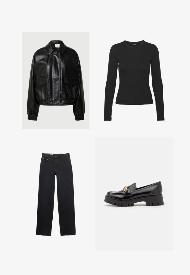 Jachetă din piele ecologică neagră cu guler ascuțit, buzunare frontale cu clapetă, manșete elastice și tiv elasticat pe un fundal gri.; Cămașă lungă neagră cu mâneci lungi, confecționată dintr-un material ribbed. Are un decolteu rotund și un design ajustat, fără modele sau accente vizibile.; Jeans negre cu croi larg, fabricate din denim, având cinci buzunare, închidere cu nasture, cusături subtile și un tăiat drept de la talie până la poale.; Mocasin din piele lacuită neagră, cu o talpă groasă, zimțată, de culoare neagră și un accent din metal auriu în față. Textură netedă, design clasic.