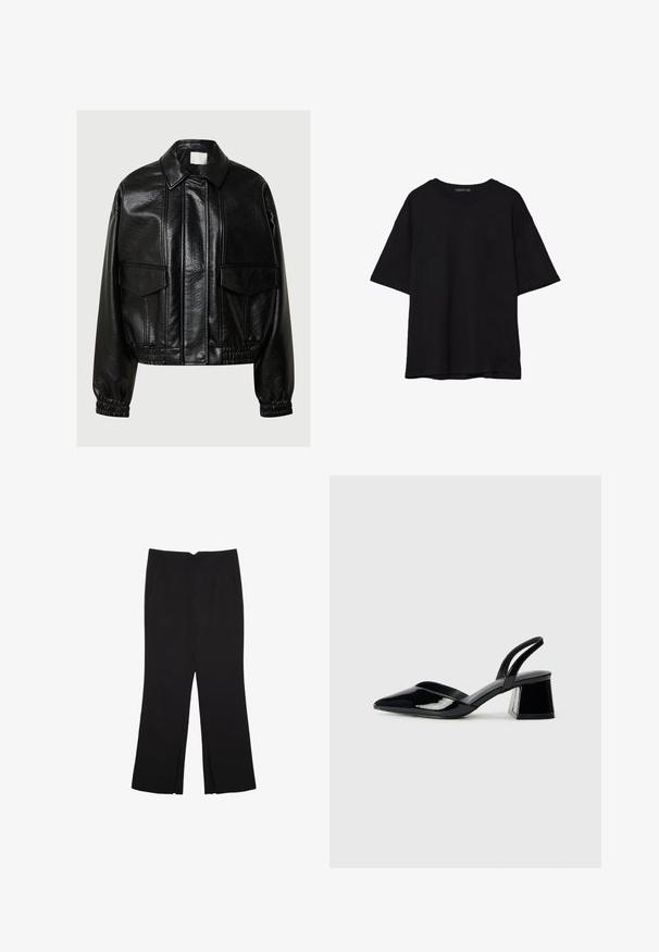 Črna jakna iz umetnega usnja s poudarjenim ovratnikom, sprednjimi žepi s pokrovom, elastičnimi manšetami in elastičnim robom na sivi podlagi.; Črna bombažna majica s sproščenim krojem, kratkimi rokavi, zaobljenim izrezom in gladko teksturo. Brez vidnih vzorcev ali dodatkov.; Črne hlače ravnega kroja z naglavnimi žepi in stranskimi razporki na robu. Narejene iz mehke, gladke tkanine. Primerne za različne priložnosti.; Črne lakirane slingback pete s koničastim nosom in geometrijsko blokasto peto. Imajo eleganten, minimalističen dizajn in gladko teksturo.