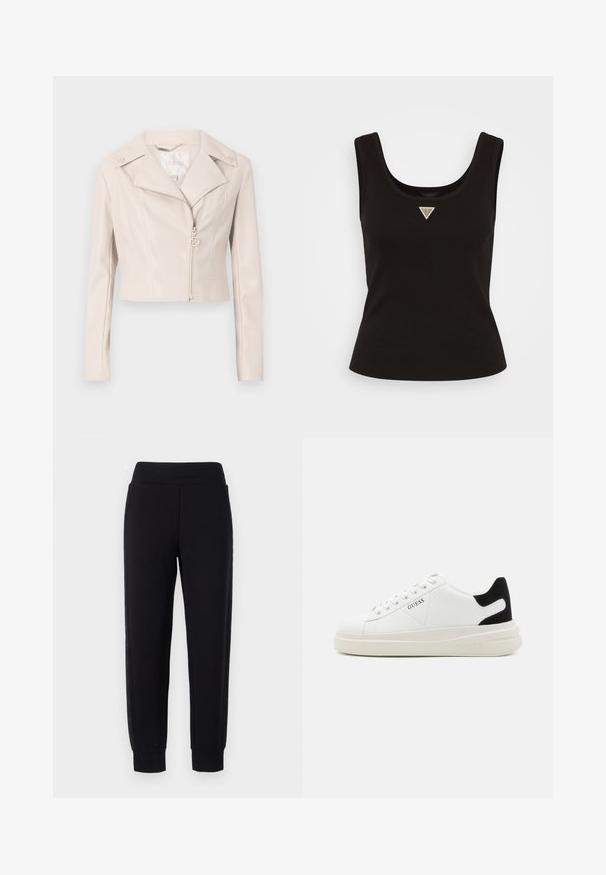 Apsieta gaismas bežs mākslīgā āda jaka ar iegrieztu apkakli, ar rāvējslēdzēju un dekoratīvām pogām uz pleciem. Tam ir smalka spīduma.; Melnā ribota apaļā kakla bez piedurknēm topa ar mazu trīsstūra logo sudrabainā krāsā centrā. Pieguļošs dizains.; Melni sporta bikses ar sašaurinātiem uzmavām, ar platu elastīgu jostu un teksturētām sānu paneļiem. Izgatavotas no mīksta, elastīga materiāla.; Baltas ādas sporta apavi ar biezu balto zoli, melna zamša uzpura un izspiestais logotips sānos. Šņorējuma dizains ar sešiem acu caurumiem.