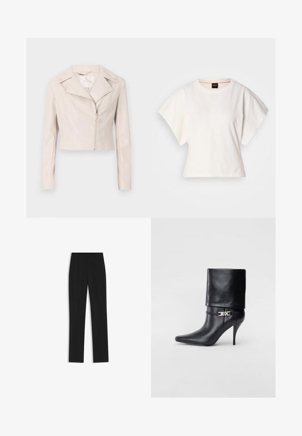Skrócona kurtka z jasnego beżowego sztucznego zamszu z wykładanym kołnierzem, zamek błyskawiczny i dekoracyjne guziki na ramionach. Charakteryzuje się subtelnym połyskiem.; Biała, krótka koszulka z szerokimi rękawami, wykonana z miękkiej bawełny, okrągły dekolt z delikatnym pomarańczowym wykończeniem, minimalistyczny design, bez wzorów i grafik.; Czarne spodnie o dopasowanym kroju z prostymi nogawkami, z przednimi kieszeniami i gładką, teksturowaną tkaniną. Schludne, minimalistyczne wykończenie.; Czarne skórzane botki za kostkę z ostrym noskiem, wysokim obcasem w kształcie stiletto, z załamanym mankietem oraz złotym dekoracyjnym zapięciem na kostce.