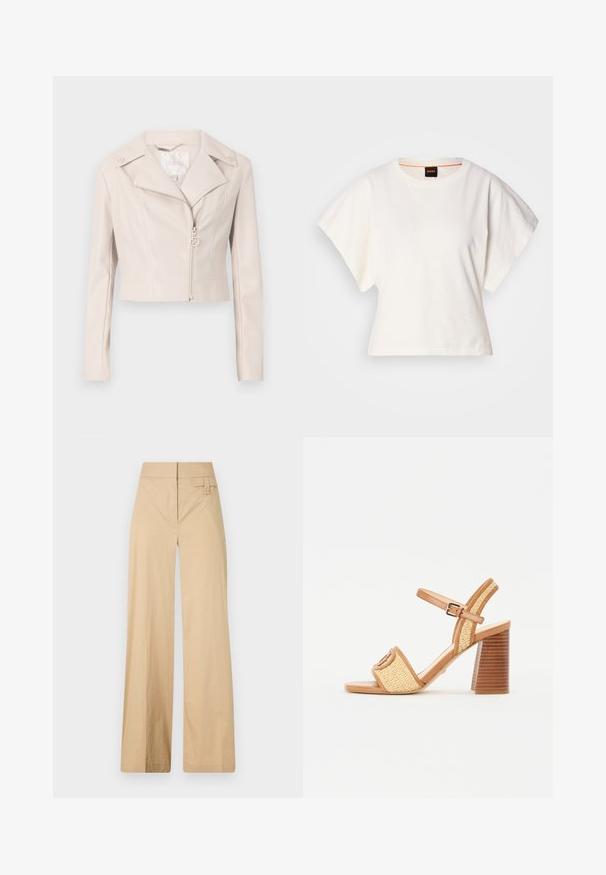 Lühendatud helebeez kunstnahast jakk, millel on lõigatud krae, lukuga sulgemine ja dekoratiivsed nööbid õlgadel. Omab peent sära.; Valge lühikeste laiadte varrukatega lühike T-särk, pehme puuvillane materjal, ümar kaelus kergelt oranži ääristusega, minimaalne disain, ilma mustrite ja graafikateta.; Beige laiad sääred püksid, mis on valmistatud puuvilla segakangast. Omavad siledat tekstuuri, elastset vöökohta ja külgmist nööbiga detaili.; Pruun nahast ja kootud õlgedest kontsakingad, millel on pahkluu rihm, avatud varvas ja tumesinine puidust stiilis konts, millel on horisontaalsed triibud.