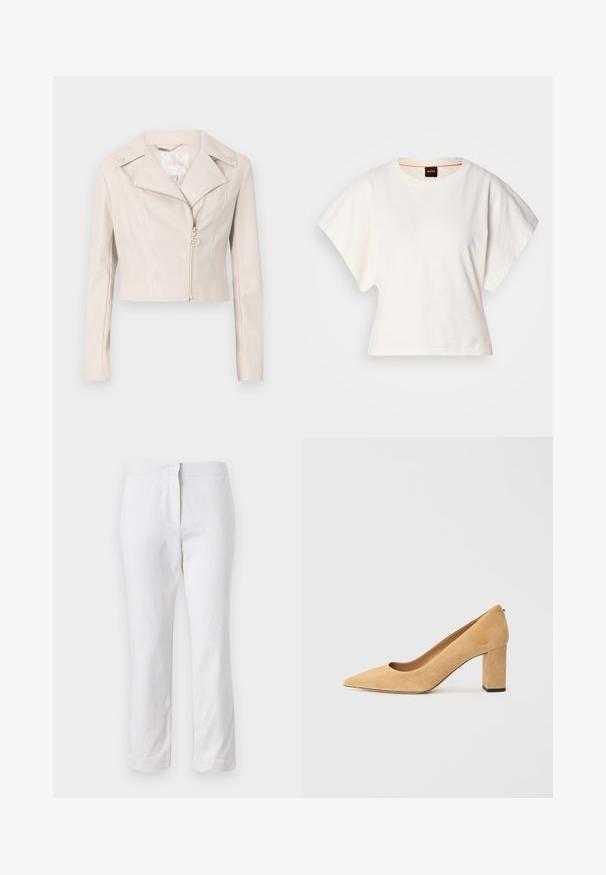 Félbevágott világos bézs műbőr kabát, bemélyített gallérral, cipzáras záródással és díszítő gombokkal a vállakon. Finom fényű.; Fehér, rövid, bő ujjú, crop szabású póló, puha pamut anyagból, kerek nyakkivágással, finom narancssárga díszítéssel, minimalista dizájn, minta vagy grafika nélkül.; Fehér pamut nadrág egyenes lábformával, közepes derékkal, látható fémrészek vagy minták nélkül. Sima textúra az egész anyagon.; Beige velúr magassarkú cipő, hegyes orral és tömzsi sarokkal. Az anyag puha tapintású, sima felületű.