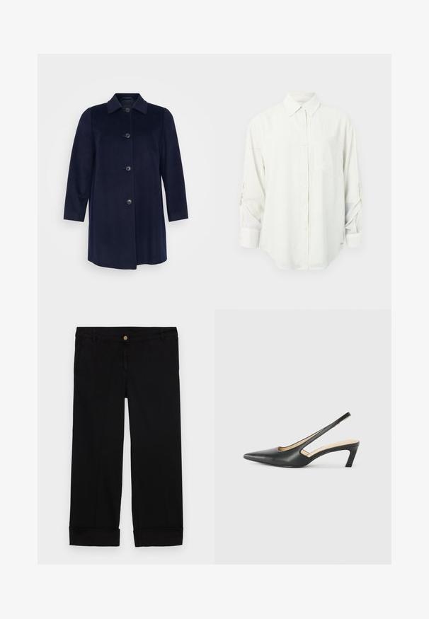 Persona by Marina Rinaldi OMBRE - Puspaltis - blu notte; Balta ilgomis rankovėmis mygtukinė marškiniai su apykakle, vienu krūtinės kišenė ir sukeltomis rankovėmis. Minkšta, lygi medžiaga ir laisvas kirpimas.; Juodos medvilnės kelnės tiesaus kirpimo, su priekinėmis kišenėmis, auksiniu mygtuko užsegimu ir sukamučiais kraštais. Glotni tekstūra.; Juodas smailus slingback batelis su žemu kulnu, pagamintas iš lygaus odos paviršiaus ir su išpjovomis šone, užtikrinančiomis oro pralaidumą.
