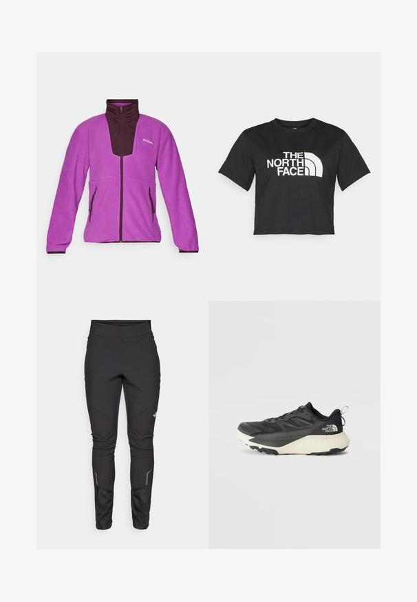 Lila flisasta jakna z temno rjavimi detajli, visok ovratnik, zadrga po celotni dolžini in dve stranski žepki. Mehka tekstura in športna postava.; Črna kratka majica iz bombaža, ki ima spredaj bel logotip s ukrivljenimi akcenti in besedilom "THE NORTH FACE". Kratke rokave, okroglo izrezan ovratnik.; Črne zunanje hlače s prilegajočim dizajnom, trpežno tkanino, odsevnimi detajli in šivi, ki izboljšajo gibljivost in udobje.; Črne atletske čevlje z teksturiranim zgornjim delom, ki imajo sivo obrobo in belo srednjo podplat. Vključujejo zanko za vprego in izstopajočo blagovno znamko na peti.