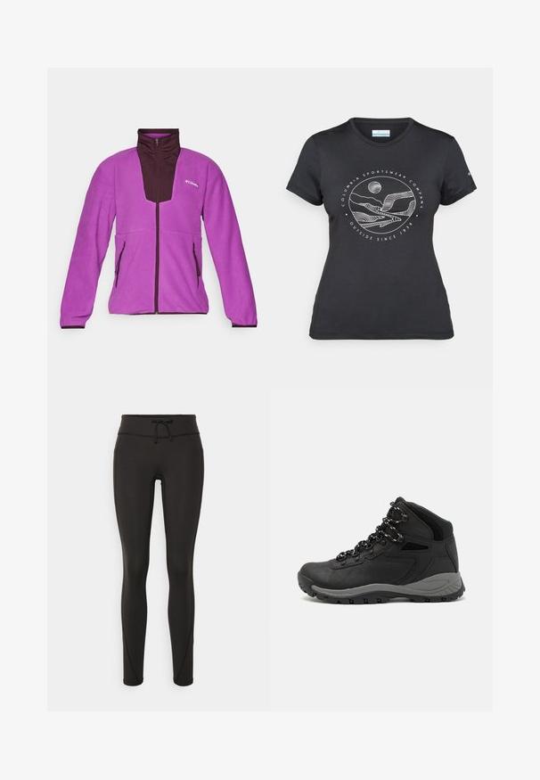 Violetinio fliso džemperio aukštas apykaklė, tamsiai rudos spalvos akcentai, visiško užtrauktuko priekis ir dvi šoninės kišenės. Minkšta tekstūra ir sportinis siluetas.; Juodas "Columbia" marškinėliai su balta apskrita kalnų ir upės linijų grafika bei tekstu "Columbia Sportswear Company Lauke nuo 1938 metų."; Juodi leggingai su aukšta juosmeniu, raišteliu, lygiu paviršiumi ir prigludusia forma. Yra siuvimo detalės šonuose.; Juodas žygio botas su vidutinio aukščio dizainu, pasižymintis tekstūruota viršutine dalimi, pilkų akcentų ir patvaria guma padanga su sukibimo gumbais.