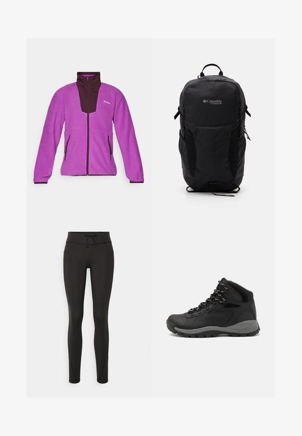 Purpurna flis jakna s tamnosmešnim detaljima, visokim ovratnikom, cijelim patentnim zatvaračem sprijeda i dva bočna džepa. Mekana tekstura i atletski kroj.; Crna Columbia majica s bijelim kružnim crtežom planine i rijeke te natpisom "Columbia Sportswear Company Outside Since 1938."; Crne tajice s visokim strukom, uzicom, glatkom teksturom i uskim dizajnom. Imaju šavove duž bokova.; Crne planinarske čizme s dizajnom srednjeg vrha, sa teksturiranim gornjim dijelom, sivim akcentima i izdržljivom gumom potplatom s uzorkom za prianjanje.; Crna Columbia Titanium ruksak s glatkom tkaninom, bočnim džepovima, gornjom ručkom i podešivim trakama. Minimalistički dizajn s suptilnim brendingom.