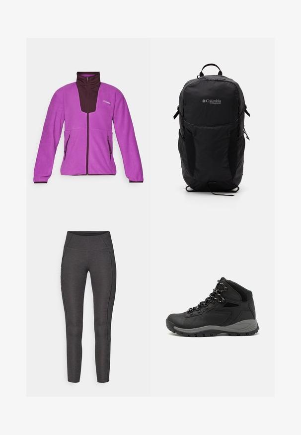 Lila bolyhos dzseki sötétbarna kiegészítőkkel, magas nyakkal, teljes cipzárral elöl és két oldalsó zsebbel. Puha tapintás és sportos szabás.; Fekete Columbia póló fehér, kör alakú hegy és folyó vonalrajzzal, valamint a "Columbia Sportswear Company Outside Since 1938" felirattal.; Sötét szürke, magas derekú leggings, strukturált anyagból készült. Fitted dizájnja van, és oldalsó zsebekkel rendelkezik a tárolás érdekében.; Fekete túracipő közepes magasságú kialakítással, texturált felsőrésszel, szürke részletekkel és strapabíró gumitalppal, amelynek tapadós kiemelkedései vannak.; Fekete Columbia Titanium hátizsák sima textúrájú anyagból, oldalsó zsebekkel, felső fogantyúval és állítható pántokkal. Minimalista dizájn diszkrét márkázással.