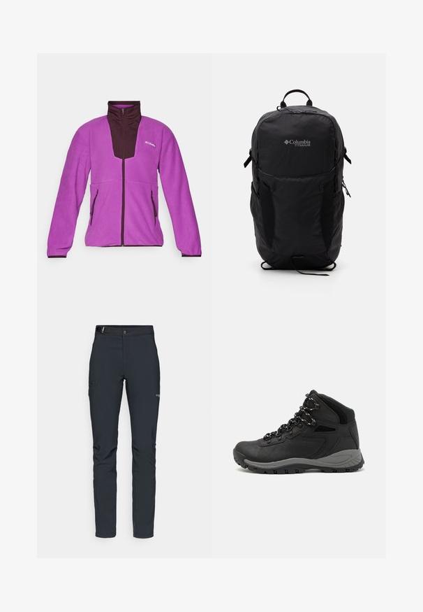 Giacca in pile viola con accenti marrone scuro, colletto alto, chiusura frontale con zip a tutta lunghezza e due tasche laterali. Texture morbida e vestibilità atletica.; Maglietta nera Columbia con arte lineare bianca di una montagna circolare e un fiume, e il testo "Columbia Sportswear Company Outside Since 1938."; Pantaloni da uomo per attività all'aperto, grigio scuro, realizzati in materiale elastico, dotati di cintura, tasche con zip e cuciture rinforzate.; Stivale da trekking nero con design a metà altezza, dotato di una tomaia texturizzata, accenti grigi e suola in gomma resistente con tasselli per la trazione.; Zaino Columbia Titanium nero con una texture di tessuto liscia, tasche laterali, maniglia superiore e spallacci regolabili. Design minimalista con branding discreto.