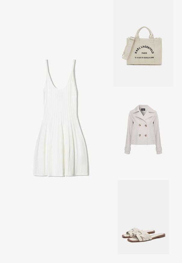 Jasnoszara płaszcz z groszkiem z dużymi brązowymi guzikami, wydłużonym kołnierzem, podwójnym zapięciem i bocznymi kieszeniami. Zawiera detale przy mankietach.; Biała sukienka bez rękawów z okrągłym dekoltem, z pionowym prążkowanym wzorem i rozkloszowanym dołem. Wykonana z lekkiej, oddychającej tkaniny.; Jasno beżowe klapki z plecionymi paskami, z płaską podeszwą i minimalistycznym designem. Gładka tekstura z subtelnymi akcentami kolorystycznymi.; Torba na zakupy z płótna w kolorze ecru z czarnym nadrukiem. Prostokątny kształt z krótkimi uchwytami i odpinanym paskiem na ramię.