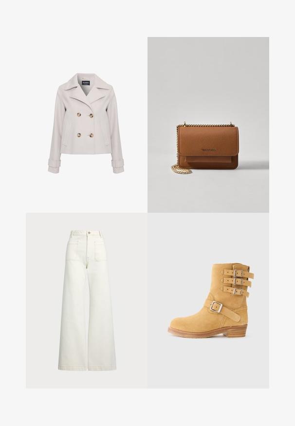 Lys grå frakke i pea coat-stil med store brune knapper, spidse krave, dobbeltknapdesign og sidelommer. Har detaljer ved ærmerne.; Hvid langærmet rullekravetrøje med en lille navyblå polo spiller-logo på venstre bryst.; Pæne brede jeans i off-white denim. Høj talje med knaplukning, to forlommer og detaljer med kontrastsyning.; Ruskindsankelstøvle i gul med tre spænder på siden, en rundet tå og en stablet træsål. Tekstureret overflade for bedre greb.; Brun tekstureret læder crossover-taske med guldkæde-rem og klaplukning. Forsiden har logo-detalje og en lomme under klappen.