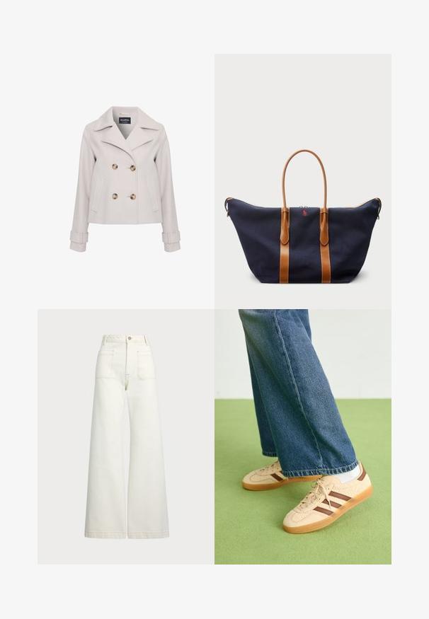 Lys grå frakke i pea coat-stil med store brune knapper, spidse krave, dobbeltknapdesign og sidelommer. Har detaljer ved ærmerne.; Lys cremet sweater, lange ærmer, rund halsudskæring, strikket tekstur, ribbede manchetter og kant, mærket med "LAUREN." Enkel, minimalistisk design.; Pæne brede jeans i off-white denim. Høj talje med knaplukning, to forlommer og detaljer med kontrastsyning.; Beige sneakers med teksturerede cremefarvede paneler og brune striber, parret med blå denim jeans. Jeansene har brede ben og en frynset kant.; Marineblå canvas sporttaske med lysebrune læderremme, lynlås lukning og lille rød logo detalje på forsiden, udstyret med et bredt og rummeligt design.