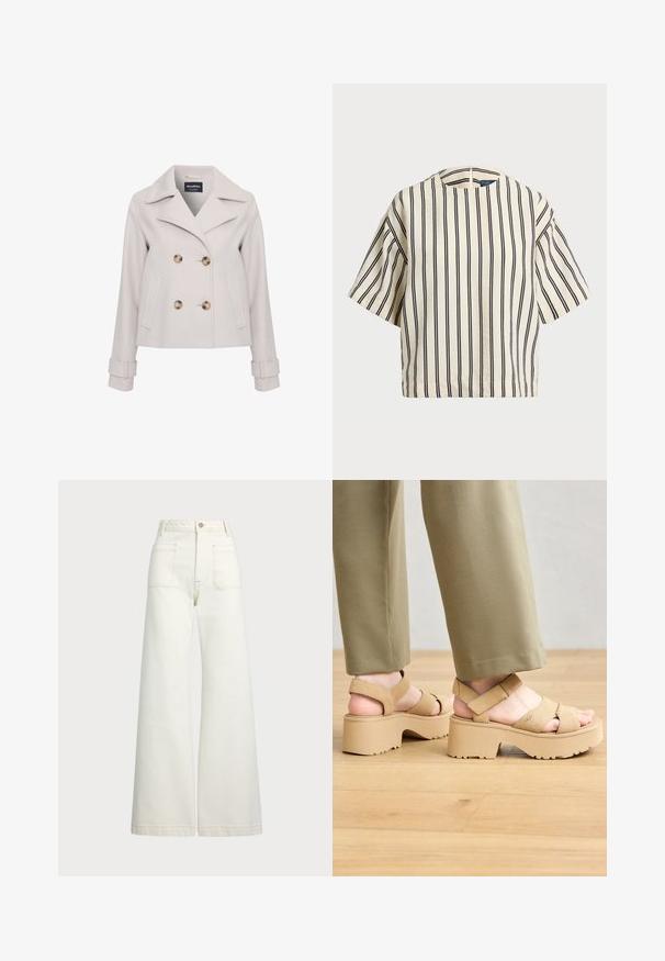 Lys grå frakke i pea coat-stil med store brune knapper, spidse krave, dobbeltknapdesign og sidelommer. Har detaljer ved ærmerne.; Kortærmet, stribet top i creme og marineblå, med rund halsudskæring og boxy design i et tekstureret stof.; Pæne brede jeans i off-white denim. Høj talje med knaplukning, to forlommer og detaljer med kontrastsyning.; Beige ruskindsplatformsandaler med brede stropper og en kraftig sål. Har justerbar bagside-rem og tekstureret sål for godt greb.