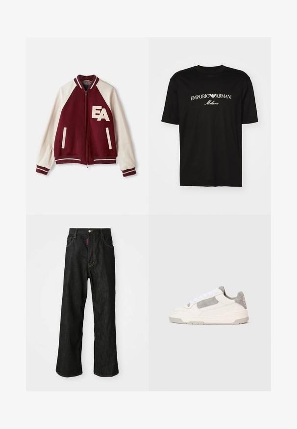 Bordo ir kreminės spalvos universitarinė striukė su užtrauktuku, dviem priekinėmis kišenėmis, dryžuotais rankogaliais ir "EA" siuvinėjimu kairiajame krūtinės šone.; Juodas medvilninis marškinėliai su apvaliu iškirpu, trumpomis rankovėmis ir baltu "EMPORIO ARMANI" logotipu virš "Milano" kreivame dizaino.; Juodos tiesios kojos džinsai su geltonu siūleliu, penkių kišenių dizainas, mygtuko užsegimas ir mažas raudonas ženkliukas priekinėje dešinėje kišenėje.; Baltos ir šviesiai pilki žemakulniai sportbačiai su baltais raišteliais ir zomšos akcentais, rodomi iš šono ant vientiso šviesaus fono.