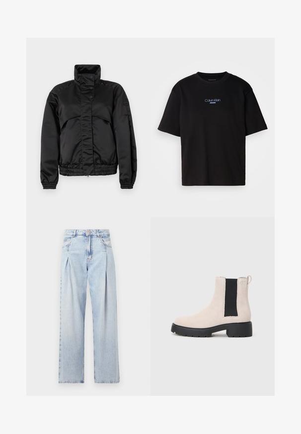 Črna podložena jakna z visokim ovratnikom, zatičnimi gumbi, elastičnimi manšetami in prilegajočim robom. Gladka tekstura in minimalističen dizajn.; Črna bombažna majica s krožnim izrezom, kratkimi rokavi in modrim vezenim logotipom "Calvin Klein JEANS" na sprednji strani.; Svjetloplave traperice visoko struka, širokog kroja, s dva bočna djepa i naboranim dizajnom. Mekana tekstura s izblijedjelim završetkom.; Bež usnjeni Chelsea škorenj s črnim elastičnim stranskim panelom, masivnim črnim podplatom in zanka na gležnju.