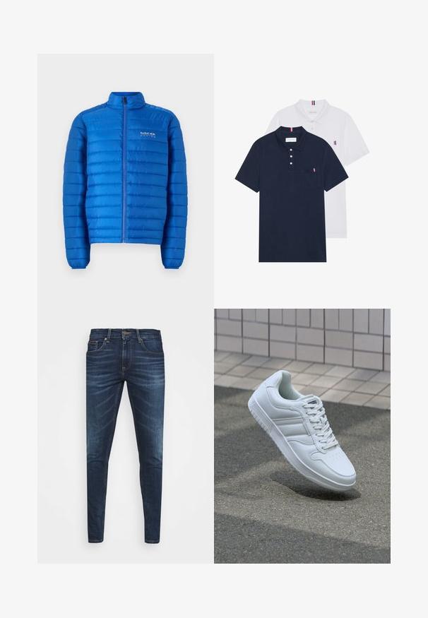 Blå, vadderad jacka med horisontellt stickat mönster, hög krage och hel dragkedja. Har "Red Bull Racing"-logotypen på bröstet.; Två polo t-shirts: en marinblå och en vit, båda med en liten röd, vit och blå detalj på bröstfickan och kragen.; Mörkblå denimjeans med smal passform, subtilt blekning, fem fickor och metallknappstängning. Sömnadsdetaljer i kontrasterande färg.; Vit atletisk sneakers med slätt läderöverdel, snörning fram, perforerad tå och mönstrad sula. Minimalistisk design med tre sidostycken.
