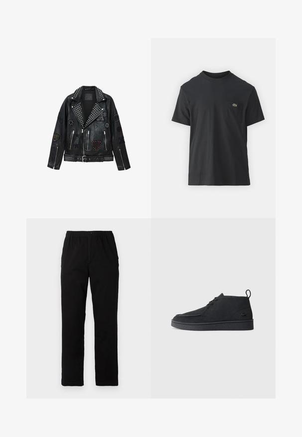 Black leather biker jacket featuring silver studs, zippers, and various patches including a heart, stars, and animal motifs.; Black cotton t-shirt with short sleeves, round neckline, and a small green logo on the left chest pocket. Simple design, regular fit.; Black pants made of cotton blend fabric, featuring a straight cut, elastic waistband with button, and no visible patterns or accents.; Black suede lace-up ankle boot with pull tab and textured sole, featuring small embossed crocodile logo on the side.