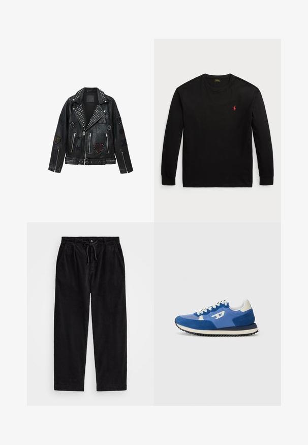 Svart lädermotorcykeljacka med silvriga nitar, blixtlås och olika märken inklusive ett hjärta, stjärnor och djurmotiv.; Svart långärmad t-shirt i bomull. Har en crew-neck, ribbade ärmslut och en liten röd broderad logotyp på bröstet. Slät yta.; Svarta kordflamsbyxor med en avslappnad passform, med ett elastiskt midjeband och dragsko, samt sidofickor. Tyget har en ribbad struktur.; Blå träningsskor i mocka och mesh-material, med rund tå, vita snören och en svart gummisula med mönster.