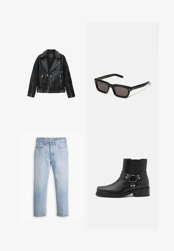 Geacă de biker din piele neagră, cu nituri argintii, fermoare și diverse embleme, inclusiv o inimă, stele și motive animale.; Top din bumbac alb, cu dungi, prezentând un grafic cu o lanț argintiu și două etichete pentru câini cu inscripțiile: "URĂ" și "COMPASIUNE."; Jeans din denim de un albastru deschis, cu un design drept al picioarelor, stil cu cinci buzunare și cusături contrastante. Închidere cu nasture și fermoar la talie.; The Kooples CHAUSSURES - Botine cowboy/biker - black; Ochelari de soare negri, rectangul care au lentile întunecate, ramă din plastic gros, accente aurii pe brațe și logo-ul brandului gravat pe mâner.