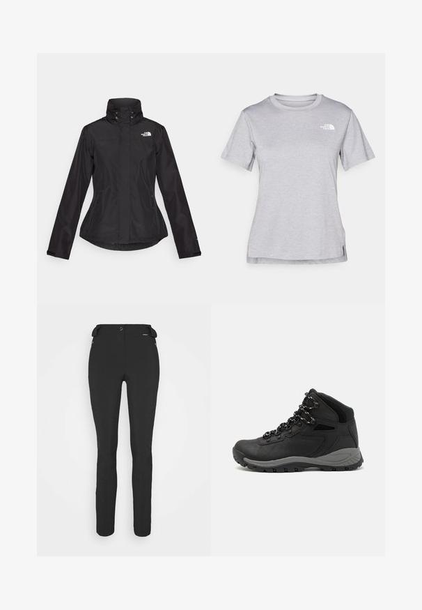 Czarna wodoodporna kurtka z wysokim kołnierzem, dwoma przednimi kieszeniami zapinanymi na zamek i logo na górnej lewej stronie. Posiada zwężany krój w talii.; Szara, krótkozasięgowa koszulka wykonana z miękkiego, odprowadzającego wilgoć materiału. Posiada okrągły dekolt oraz małe białe logo w górnym lewym rogu.; Czarne, dopasowane spodnie wykonane z elastycznego materiału. Cechy to kieszeń boczna na zamek, strefowe kolana oraz gładka faktura.; Czarne buty trekkingowe z średnim cholewem, z teksturowaną cholewą, szarymi akcentami oraz trwałą gumową podeszwą z wypustkami zapewniającymi przyczepność.