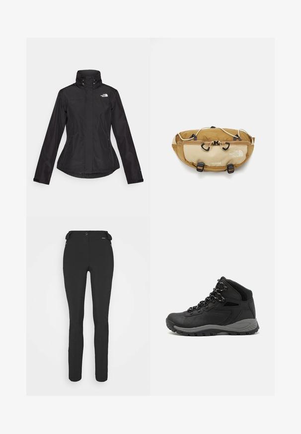 Musta vedenpitävä takki, jossa on korkea kaulus, kaksi etupuolen vetoketjullista taskua ja logo vasemmalla ylhäällä. Sisältää kiristetyn vyötärön muotoilun.; Harmaa lyhythihainen t-paita, joka on valmistettu pehmeästä, kosteutta siirtävästä kankaasta. Siinä on pyöreä kaula-aukko ja pieni valkoinen logo vasemmassa yläkulmassa.; Mustat, slim fit -housut, jotka on valmistettu joustavasta materiaalista. Ominaisuuksiin kuuluu vetoketjullinen sivutasku, muotoillut polvet ja sileä pinta.; Musta vaelluskenkä, jossa on puolivartinen muotoilu, jolle on ominaista teksturoitu päällinen, harmaat yksityiskohdat ja kestävä kumipohja, jossa on pitoita lisääviä lukuja.; The North Face TERRA LUMBAR 3L UNISEX - Vyölaukku - utility brown/khaki stone