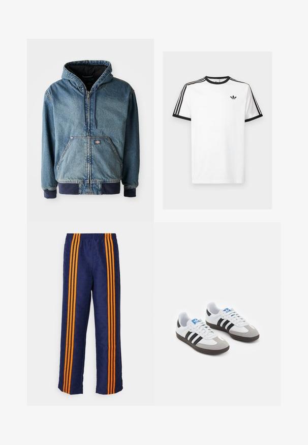 Traper jakna s kapuljačom, s prednjim patentnim zatvaračem, dva velika prednja džepa i rebrastim manžetama. Svijetloplava boja s tamnoplavim akcentima.; Bijela pamučna majica s crnim rebrastim izrezom i rukavima, s tri crne pruge na svakom ramenu i malim logom na prsima.; Mornarsko plave hlače s uzorkom po cijeloj površini i tri debele narančaste pruge koje se protežu sa svake strane. Elastični pojas na vrhu.; Sportske cipele s gornjištem od bijele kože, sivi suedinasti nos i tri crne pruge. Imaju plavi logo na jeziku i teksturiranu gumenu podlogu.