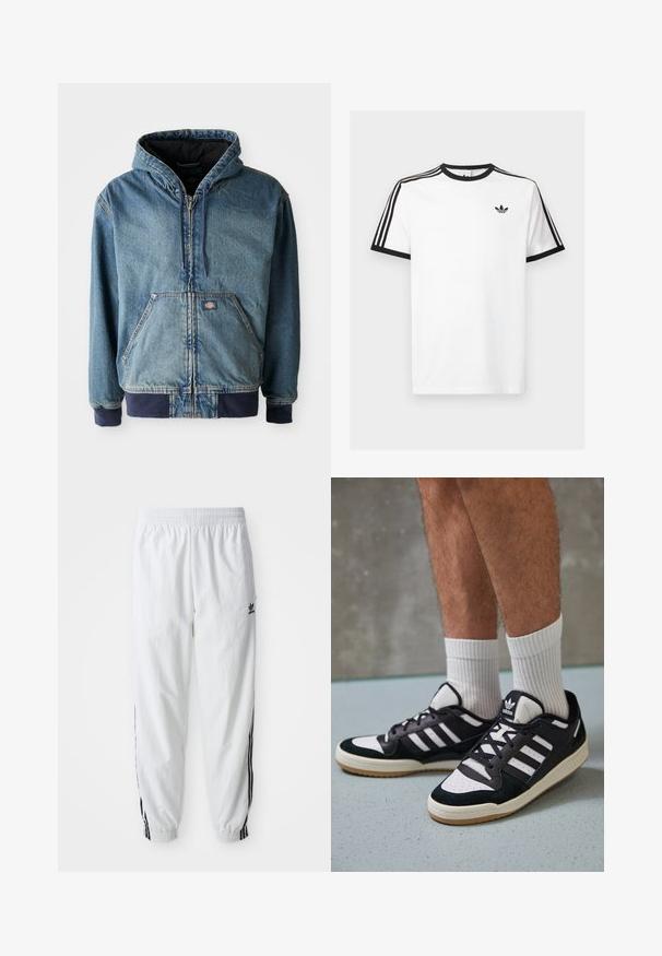 Traper jakna s kapuljačom, s prednjim patentnim zatvaračem, dva velika prednja džepa i rebrastim manžetama. Svijetloplava boja s tamnoplavim akcentima.; Bijela pamučna majica s crnim rebrastim izrezom i rukavima, s tri crne pruge na svakom ramenu i malim logom na prsima.; Bijele atletske hlače s crnim bočnim trakama, elastičnim pojasom i manžetama; sadrže Adidas logo na lijevom butu. Glatka tekstura tkanine.; Crne i bijele tenisice s gornjim dijelom od antilopa i kože, s tri bijele pruge, perforiranim prstom i gumiranim potplatom.
