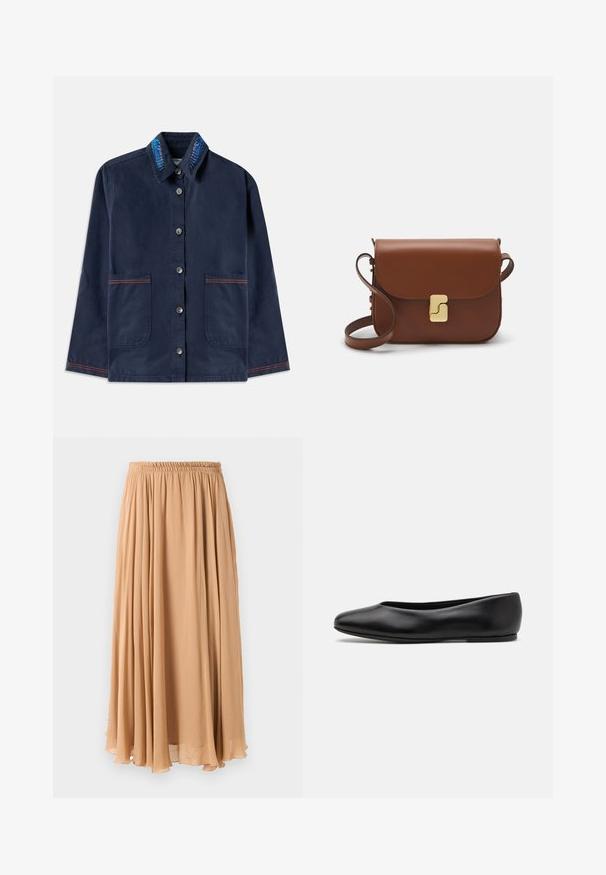 Navy blue button-up jacket with long sleeves, two front pockets with orange stitching, and a collar featuring blue embroidered leaf designs.; Light beige cropped sweater with a zippered mock neck, featuring a textured pattern and ribbed cuffs and hem. Combines knit and woven materials.; Maxi skirt in light beige, made of flowy fabric. Features a gathered elastic waistband and soft pleats for movement.; Paul Smith TOPANGA - Ballet pumps - black; Brown leather handbag with a flap closure, gold-tone hardware, a shoulder strap, and a smooth texture. Compact rectangular shape.