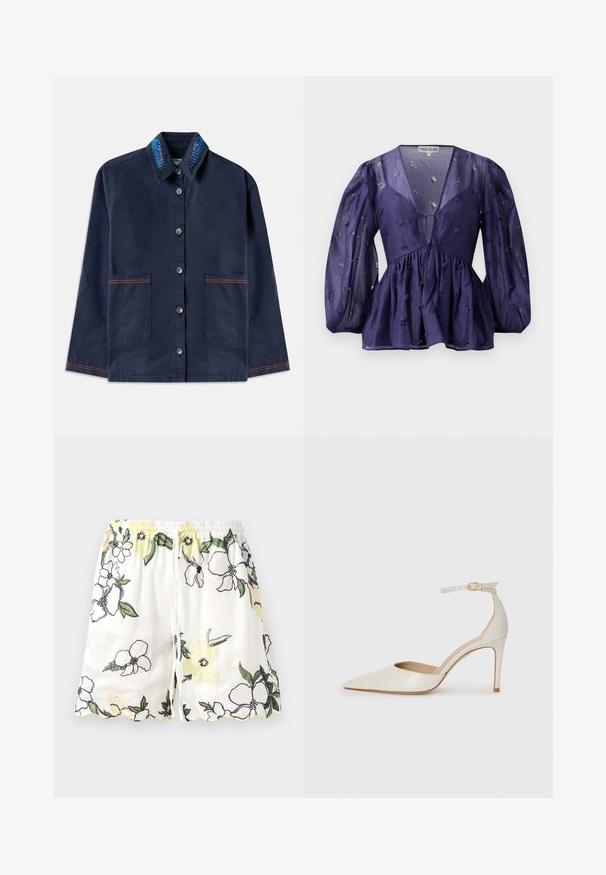 Σακάκι ναυτικού μπλε με κουμπιά και μακριά μανίκια, δύο μπροστινές τσέπες με πορτοκαλί ραφές, και γιακά με μπλε κεντημένα σχέδια φύλλων.; Ναυτικό μπλε μπλούζα με διαφανή ύφασμα, v-λαιμόκοψη και φούσκες μανίκια. Διαθέτει μαζεμένη μέση με ανθισμένα κεντήματα σε όλη την επιφάνεια.; Λευκές σορτς με λουλουδάτη κεντητική σε κίτρινο, μωβ και μαύρο χρώμα. Διαθέτουν ελαστική μέση και οδοντωτό στρίφωμα. Κλείσιμο με κορδόνι.; Λευκό δερμάτινο ψηλοτάκουνο παπούτσι με μυτερή μύτη, λουρί στον αστράγαλο και λεπτό τακούνι στιλέτο. Λείος υφή με διακριτική γυαλιστερή επιφάνεια.