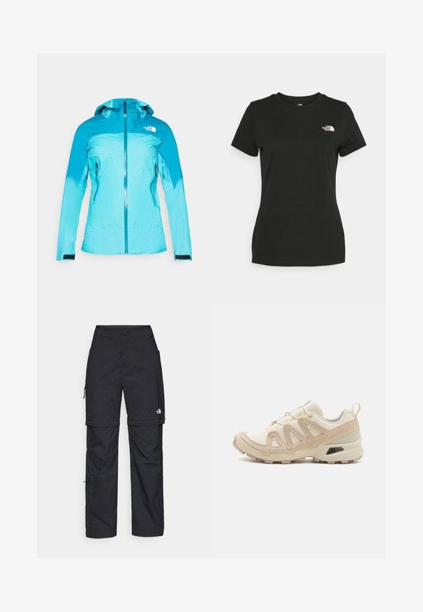 Giacca leggera turchese con zip frontale, cappuccio regolabile e due tasche laterali. Presenta un design testurizzato e polsini elasticizzati.; T-shirt in cotone nero con collo a giro e maniche corte. Logo bianco ben visibile sulla parte superiore sinistra. Tessuto liscio, vestibilità casual.; Pantaloni cargo in nylon nero con zip rimovibile, polsini regolabili, molteplici tasche e un logo sulla gamba destra. Tessuto liscio e leggero.; Scarpa atletica beige e crema con tomaia in mesh testurizzato, sovrapposizioni supportive e suola in gomma con un motivo a tasselli per la trazione.