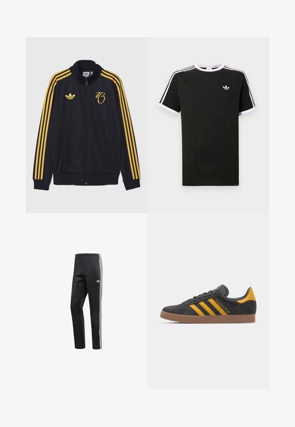 adidas Originals JB BB TT - Träningsjacka - black; Svart t-shirt i bomull med vita detaljer. Har korta ärmar, raglan-design och en liten logotyp på bröstet. Tre vita ränder på axlarna.; Svarta träningsbyxor med vita tre-randiga accenter på sidorna, elastisk midja och en liten logotyp nära höfterna. Slät tygkonstruktion.; Svart mockaskor med gula accenter, med tre ränder och en brun gummisula. Inkluderar en vadderad tunga för extra komfort.