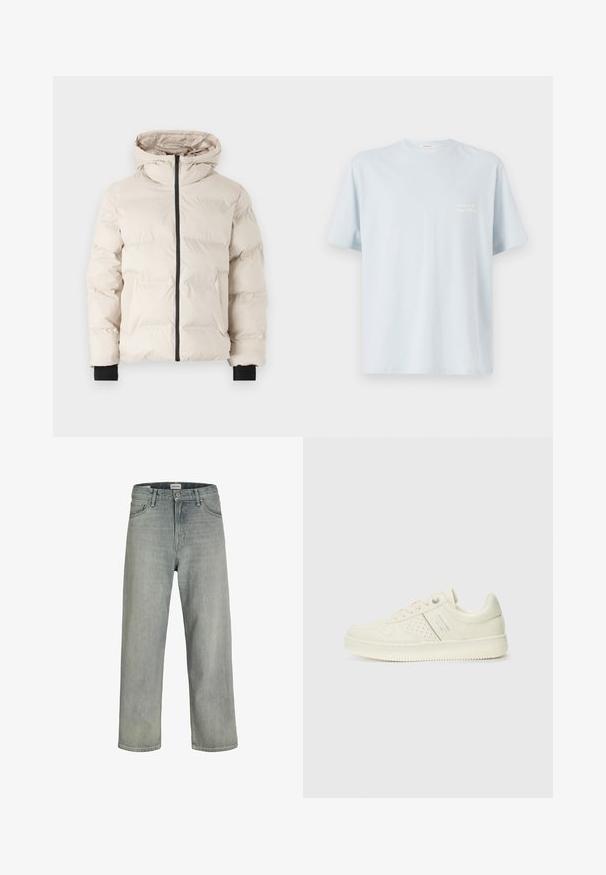 Jack & Jones JJPAYNE PUFFER JACKET - Winter jacket - moonbeam; Light blue cotton t-shirt with a crew neckline and short sleeves. Features a small white logo on the left chest area. Smooth texture.; Light gray, loose-fitting jeans made of denim. Features a classic five-pocket design, belt loops, and a straight leg silhouette.; Cream-colored sneaker with perforated detailing, laces, and logo on the side, displayed against a plain white background.