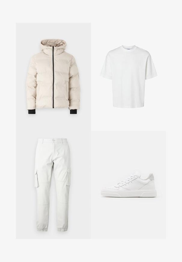 Jack & Jones JJPAYNE PUFFER JACKET - Talvejope - moonbeam; Valge puuvillane t-särk lühikeste varrukatega, ümmarguse kaelusega ja lõdva lõikega. Sile tekstuur, ilma nähtavate mustrite või aktsentideta.; Heledad hallhalli küljed taskud, elastsed pahkluvarjud ja nööbist sulgemine. Valmistatud vastupidavast kangast, millel on sile tekstuur.; Valged nahast spordijalatsid siledast nahast viimistlusega, ümarate varvastega, lamekestega ja tekstuuriga tallaga. Hall suede aktsent kanna juures.