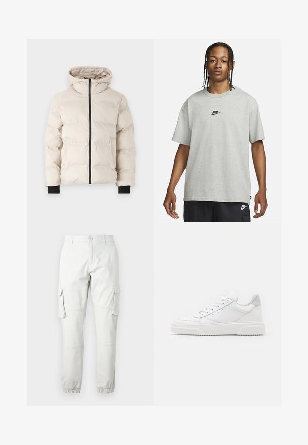 Jack & Jones JJPAYNE PUFFER JACKET - Vinterjakker - moonbeam; Ung person med fletninger iført en lys grå Nike T-shirt og sorte Nike shorts mod en ensfarvet hvid baggrund.; Lys grå cargobukser med sidelommer, elastiske ankler og knaplukning. Fremstillet af slidstærkt stof med en glat overflade.; Hvide lædersneakers med en glat finish, rund tå, flade snørebånd og en struktureret sål. Grå ruskindsdetalje ved hælen.