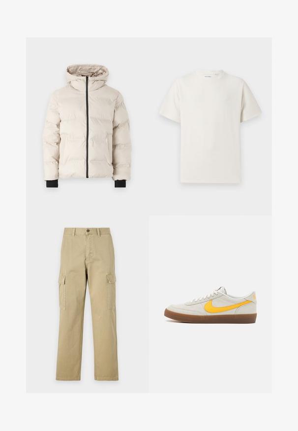 Jack & Jones JJPAYNE PUFFER JACKET - Giacca invernale - moonbeam; T-shirt bianca a maniche corte in texture a coste. Girocollo, vestibilità rilassata, senza modelli o accenti visibili. Design semplice e versatile.; Pantaloni cargo beige in cotone, dotati di due tasche laterali, chiusura con bottone e gamba dritta con tessuto leggermente texture.; Sneaker Nike in suede grigio chiaro con swoosh giallo, lacci bianchi e suola in gomma marrone. Presenta una finitura texturizzata e un colletto imbottito.