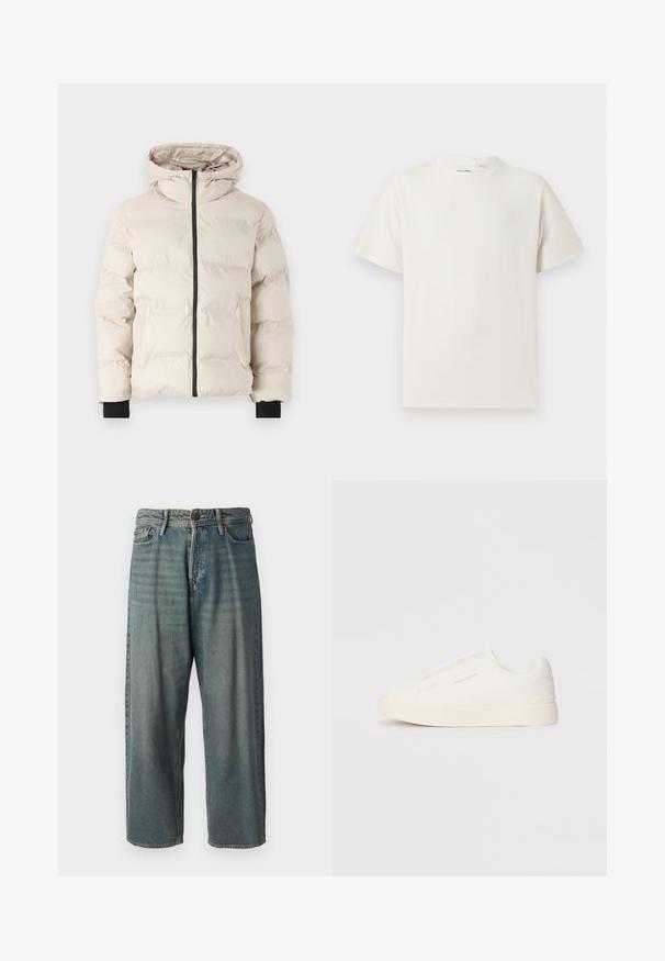 Jack & Jones JJPAYNE PUFFER JACKET - Talvitakki - moonbeam; Valkoinen lyhythihainen T-paita ribbikuviossa. Pyöreä kaula-aukko, rento istuvuus, ei näkyviä kuvioita tai yksityiskohtia. Yksinkertainen ja monikäyttöinen muotoilu.; Vaaleansiniset farkut, joissa on väljä istuvuus, keskikorkea vyötärö ja suorat lahkeet. Ominaisuuksiin kuuluvat viisi taskua, vyölenkit ja nappisulku.; Valkoiset liukusukat, joissa on teksturoitu pinta, paksu pohja ja minimalistikot. Sivulla on brändin logo.