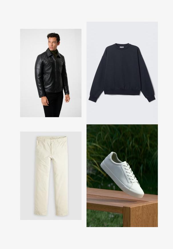 Sort læderjakke med lynlås foran, spidse krave og lynlåslommer. Glat tekstur, tætsiddende design og lange ærmer. Kombineres med mørke jeans.; Mørkeblå sweatshirt lavet af bomuldsblanding med rund halsudskæring, sænkede skuldre, ribkant ved ærmerne og elastisk kant forneden. Minimalistisk design.; Lys beige løstsiddende bukser med tre lommer, bæltestropper og lige ben. Fremstillet af et blødt bomuldsblandingsstof.; Hvide snørresneakers svævende over en træbænk med grønne planter i baggrunden, der fremhæver skodesign og tekstur.