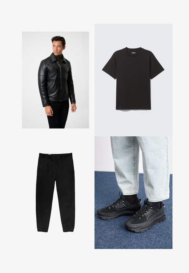 Zwarte leren jacket met een ritssluiting aan de voorkant, puntige kraag en ritszakken. Glad textuur, strakke pasvorm en lange mouwen. Te combineren met donkere spijkerbroeken.; Zwart T-shirt met korte mouwen gemaakt van zachte katoen, met een ronde halslijn en een eenvoudig ontwerp zonder patronen of accenten.; Zwarte elastische taillebandbroeken met een trekkoord, taps toelopende benen, zijzakken en subtiele stiksels aan de zijkanten. Zachte katoenachtige stof.; Zwarte sportschoenen met gestructureerde stof en rubberen zolen, met elastische veters en een blauwe accent op de hiel. Draag samen met lichte spijkerbroeken.