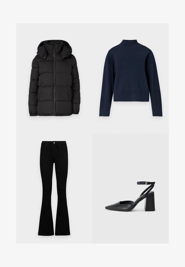 Casaco puffer preto com capuz, apresentando painéis acolchoados horizontais, fecho frontal em zíper e detalhes com botões de pressão nas laterais.; Pulôver azul-marinho de gola alta com um ajuste descontraído, mangas longas e colarinho e barra canelados; feito de material de malha suave e texturizada.; Jeans pretos de cintura alta com fecho de botão e zíper, bolsos frontais e pernas largas dispostos em cima de um fundo branco.; Sandal com biqueira afilada em couro preto, com cinta no tornozelo e salto grosso. Textura lisa, design elegante e estética minimalista.