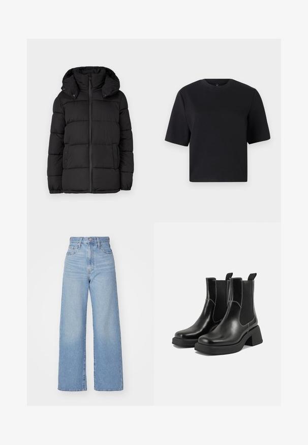Casaco puffer preto com capuz, apresentando painéis acolchoados horizontais, fecho frontal em zíper e detalhes com botões de pressão nas laterais.; T-shirt preto de mangas curtas, com decote redondo, feito de tecido de algodão suave; corte descontraído, design minimalista, sem padrões ou adornos visíveis.; Jeans de cintura alta e perna larga em azul claro, com fecho frontal de botão e zíper, bolsos frontais e traseiros, sobre um fundo branco.; Botas Chelsea em couro preto com um salto grosso, painéis laterais elásticos e costura branca em contraste. Acabamento texturizado.