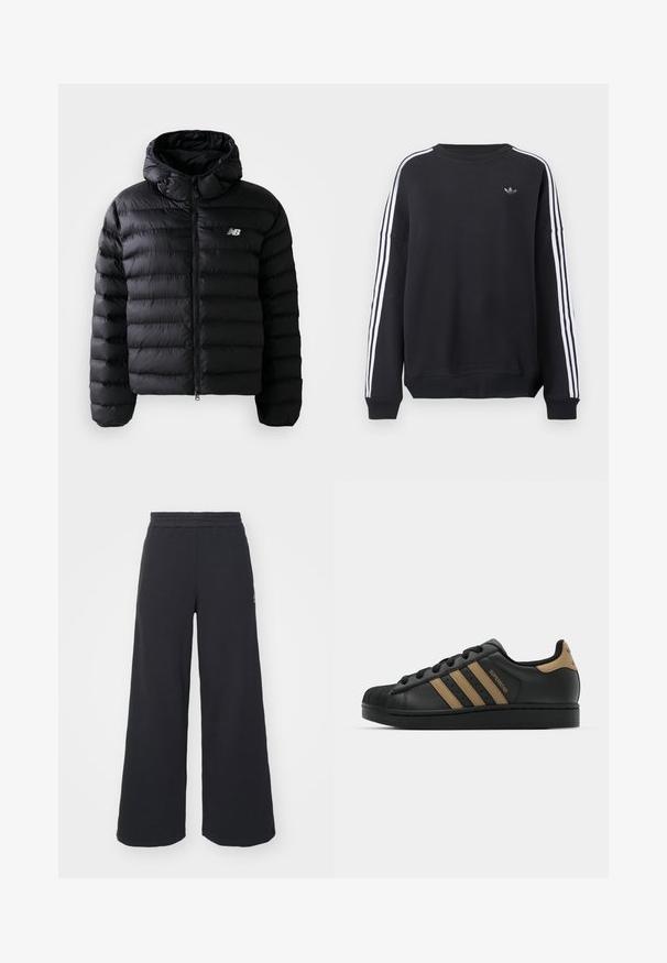 Black puffer jacket with a hood, featuring quilted texture, zip closure, and reflective logo. Smooth, lightweight material.; Black sweatshirt with long sleeves, white stripes running down each arm, and a small gray logo on the chest. Cotton material, casual fit.; Black wide-leg sweatpants made from soft fabric, featuring an elastic waistband and a small logo on the left side.; Black leather sneaker with three brown stripes, textured rubber toe cap, lace-up front, and flat black sole. Features a subtle logo on the heel.