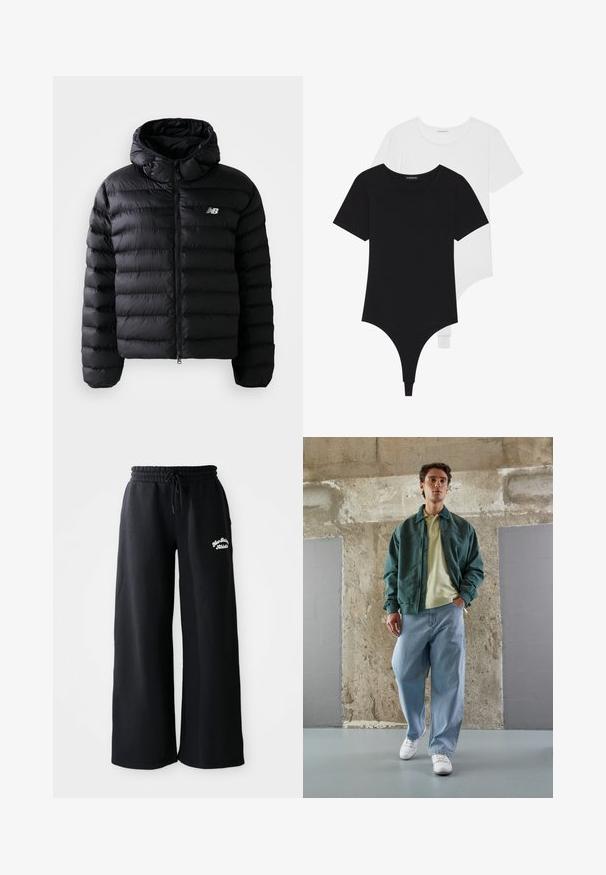 Zwarte pufferjack met capuchon, met een geborduurde textuur, ritssluiting en reflecterend logo. Glad, lichtgewicht materiaal.; Zwart-witte korte mouwen bodysuits met ronde halzen en stringonderdelen, gemaakt van glad, rekbaar stof.; Zwarte wijde trainingsbroek met een trekkoord in de taille. Bevat geborduurde tekst aan de linkerkant, gemaakt van een zachte katoenmix.; Groene bomberjack over een lichtgele polo, gecombineerd met losse blauwe jeans en witte sneakers. Glad materiaal, ontspannen pasvorm, minimale hardware.