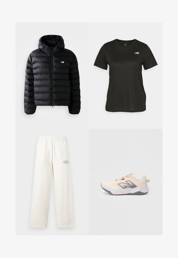 Must must tunk jacket, mille varrukatega, koos quiltitud tekstuuriga, tõmbluku sulgemise ja peegeldava logoga. Sujuv, kerge materjal.; Must äravalge lühikeste varrukatega T-särk, mis on valmistatud siledast kangast, ümarate kaelustega ja vasakus rinnas peegelduv valge logo.; Kreemikas värvitoon laiad püksid, mis on valmistatud pehmest materjalist ja millel on elastne vöökoht. Esiküljel on peen roheline tikkimine.; Kerged beez sneaker heled kaheksatud halli tallaga, tumeda halli "N" logo ja marooni aktsentidega, vaadatuna vasakult küljelt valgel taustal.