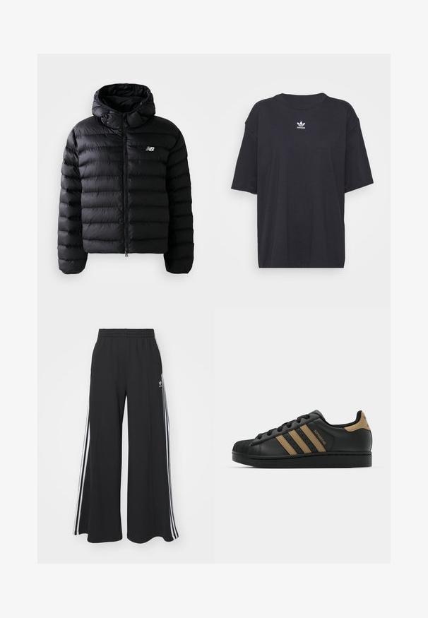 Melna pūkaina jaka ar kapuci, ar kvadrātveida tekstūru, rāvējslēdzēja aizdari un atstarojošu logo. Gluda, viegla materiāla.; Melna kokvilnas t-kreklā ar īsām piedurknēm un apaļu kakla izgriezumu, uz krūtīm ir balta Adidas logo. Vienkāršs dizains, brīvs piegriezums.; Melnas plašas sporta bikses ar elastīgu jostasvietu, kurām ir baltas sānu svītras un izšūts logo kreisajā augšstilbā.; Melna ādas kedas ar trim brūniem svītrām, teksturētu gumijas purngali, šņorējama priekšpuse un plakans melns zole. Iekļauj diskrētu logotipu uz papēža.