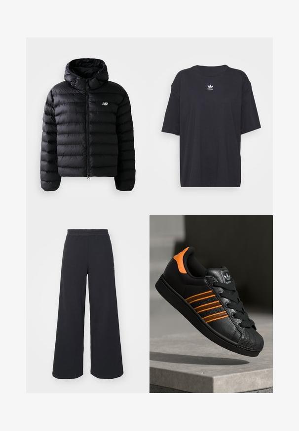Svart pufferjakke med hette, med quiltet tekstur, glidelås foran og reflekterende logo. Glatt, lett materiale.; Svart bomull T-skjorte med korte ermer, rund halslinje, med en hvit Adidas-logo på brystet. Enkel design, avslappet passform.; Svart bukse med vid benvidde laget av myk stoff, med elastisk midjebånd og en liten logo på venstre side.; Svart sneaker med oransje detaljer, tre horisontale striper, teksturert skinnoverdel, gummitå, og svarte lisser.